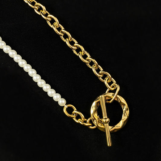 White Pearl Necklace with Decorative Sunburst Toggle Clasp