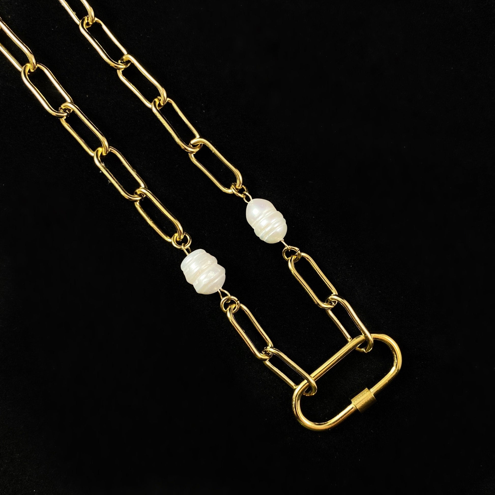 White Pearl Necklace with Gold Chain Link Accents