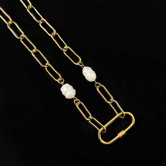 White Pearl Necklace with Gold Chain Link Accents