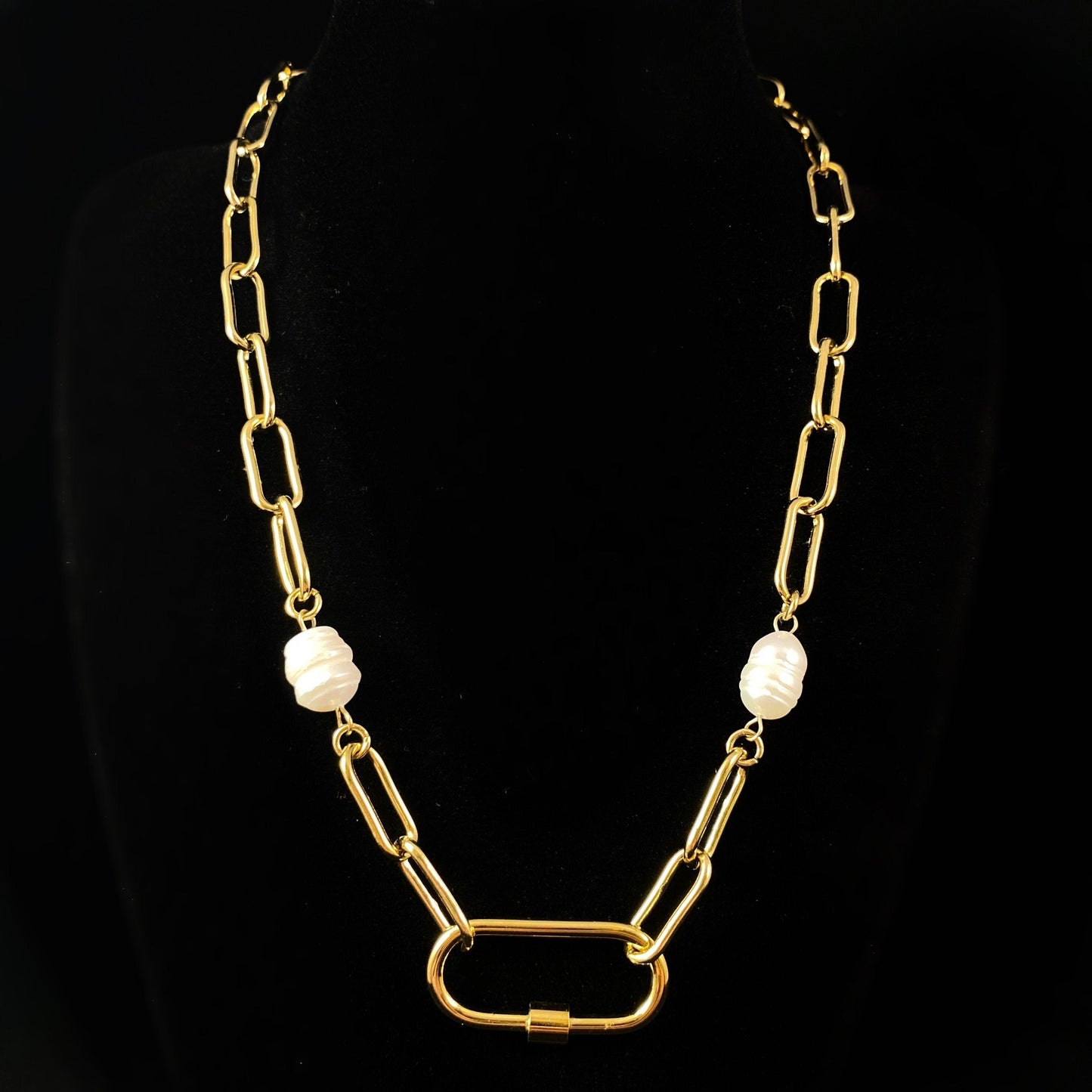 White Pearl Necklace with Gold Chain Link Accents