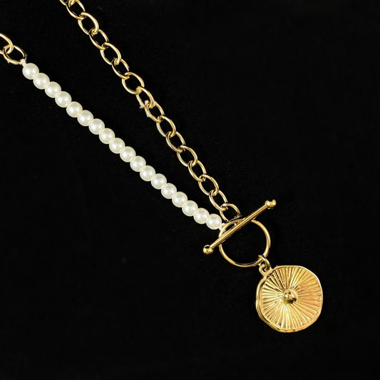 White Pearl Necklace with Gold Orange Slice Accent and Decorative Toggle Clasp