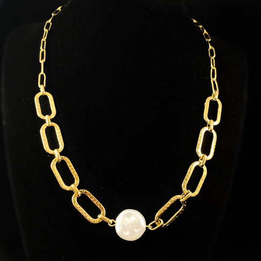 White Pearl Necklace with Hammered Gold Chain Link Accents