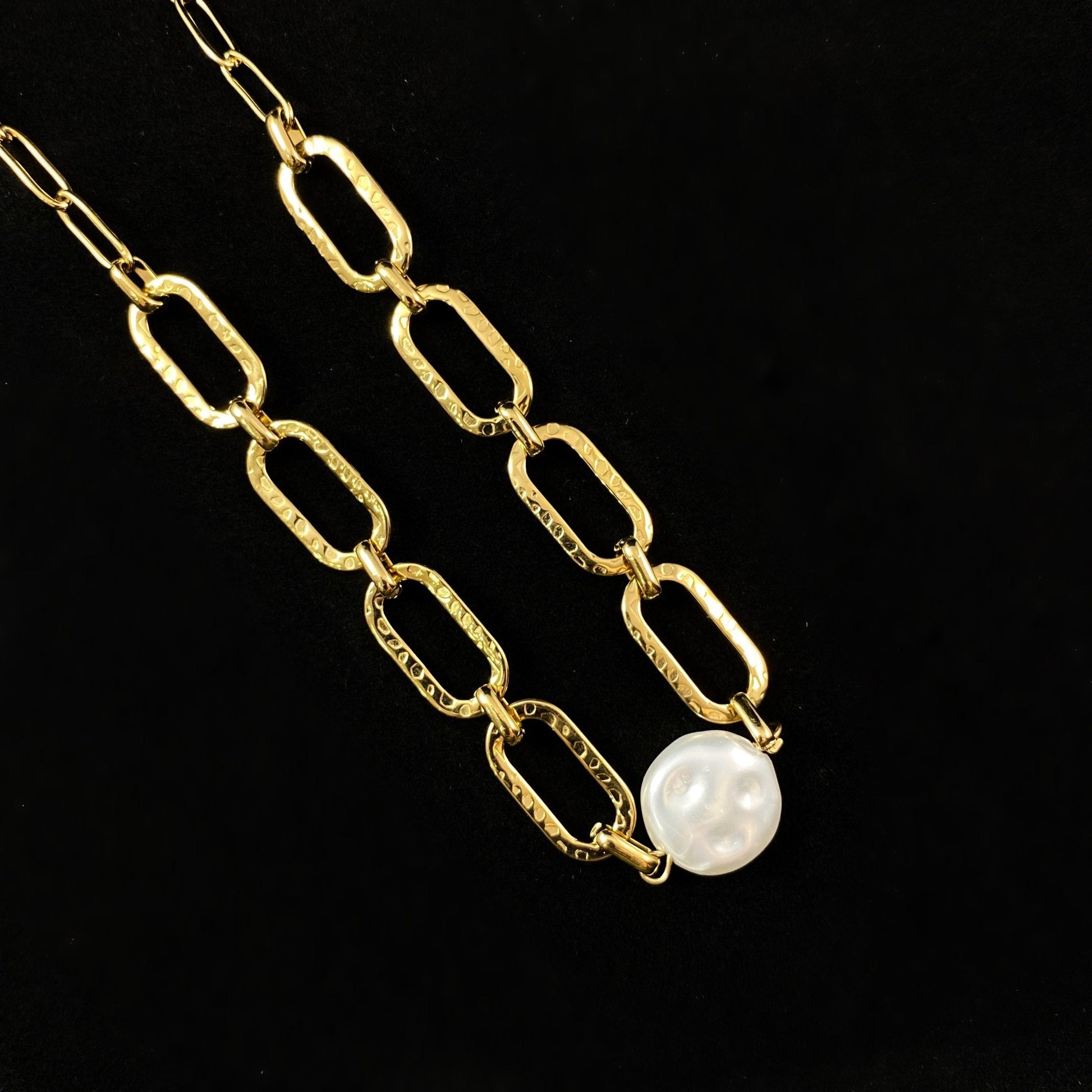 White Pearl Necklace with Hammered Gold Chain Link Accents