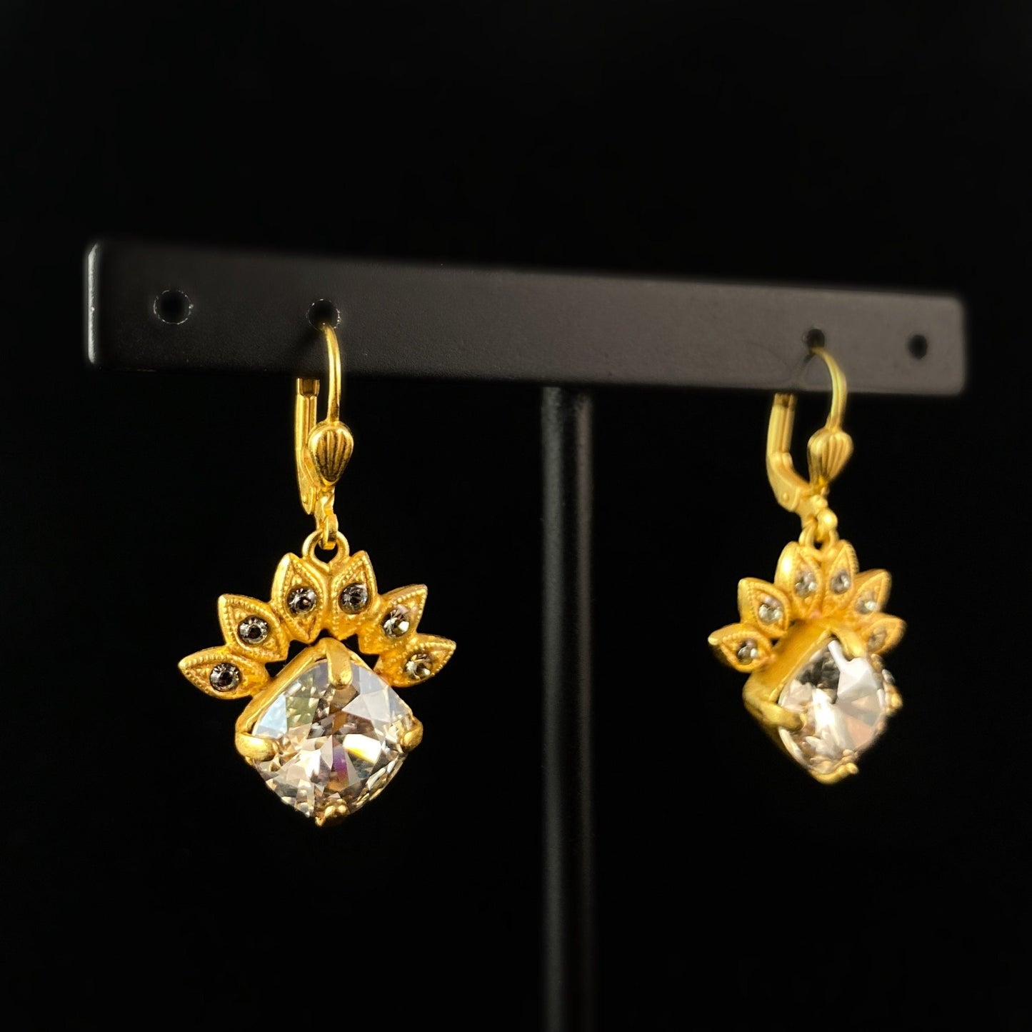 White Triangle Swarovski Crystal Drop Earrings with Floral Crown Detailing- La Vie Parisienne by Catherine Popesco