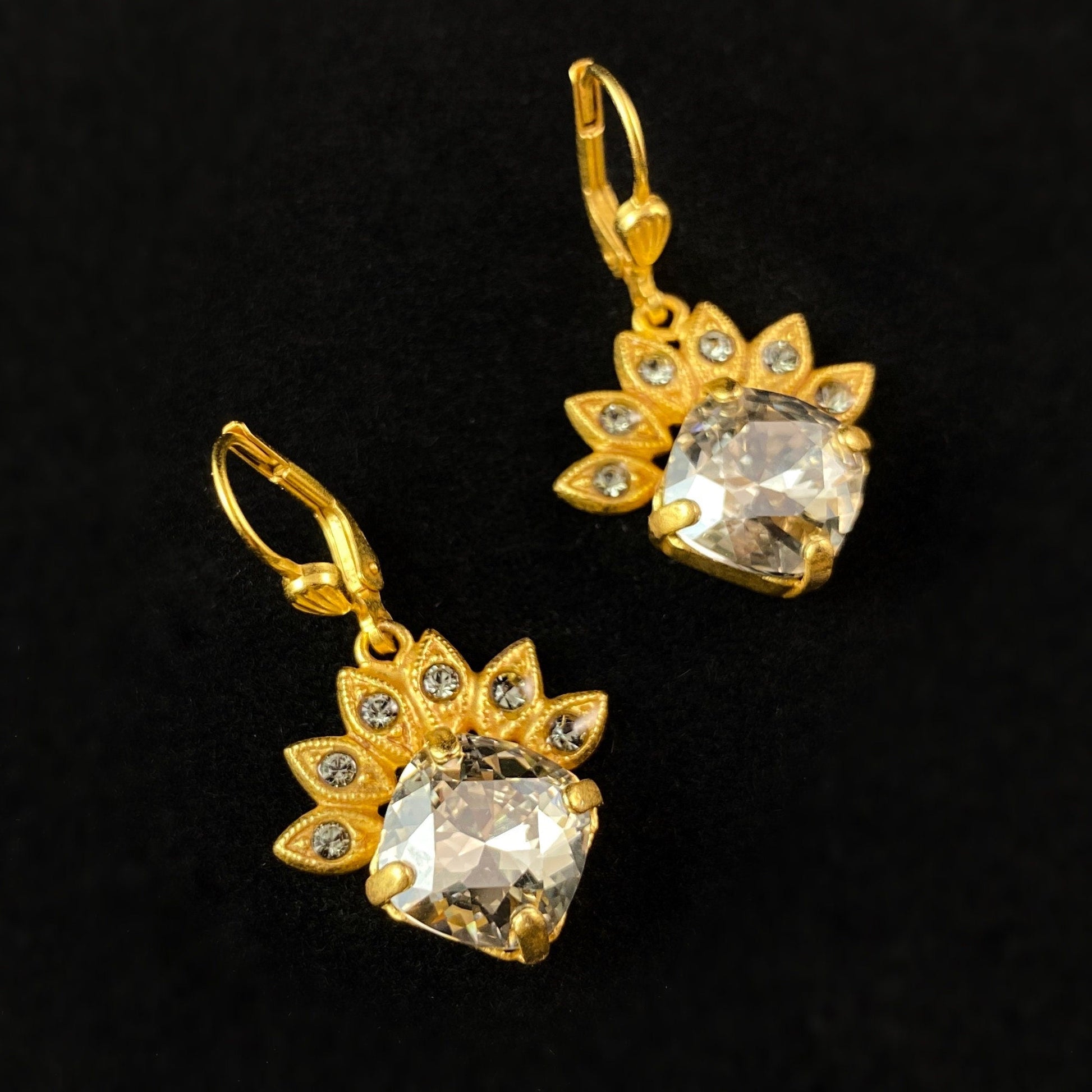 White Triangle Swarovski Crystal Drop Earrings with Floral Crown Detailing- La Vie Parisienne by Catherine Popesco