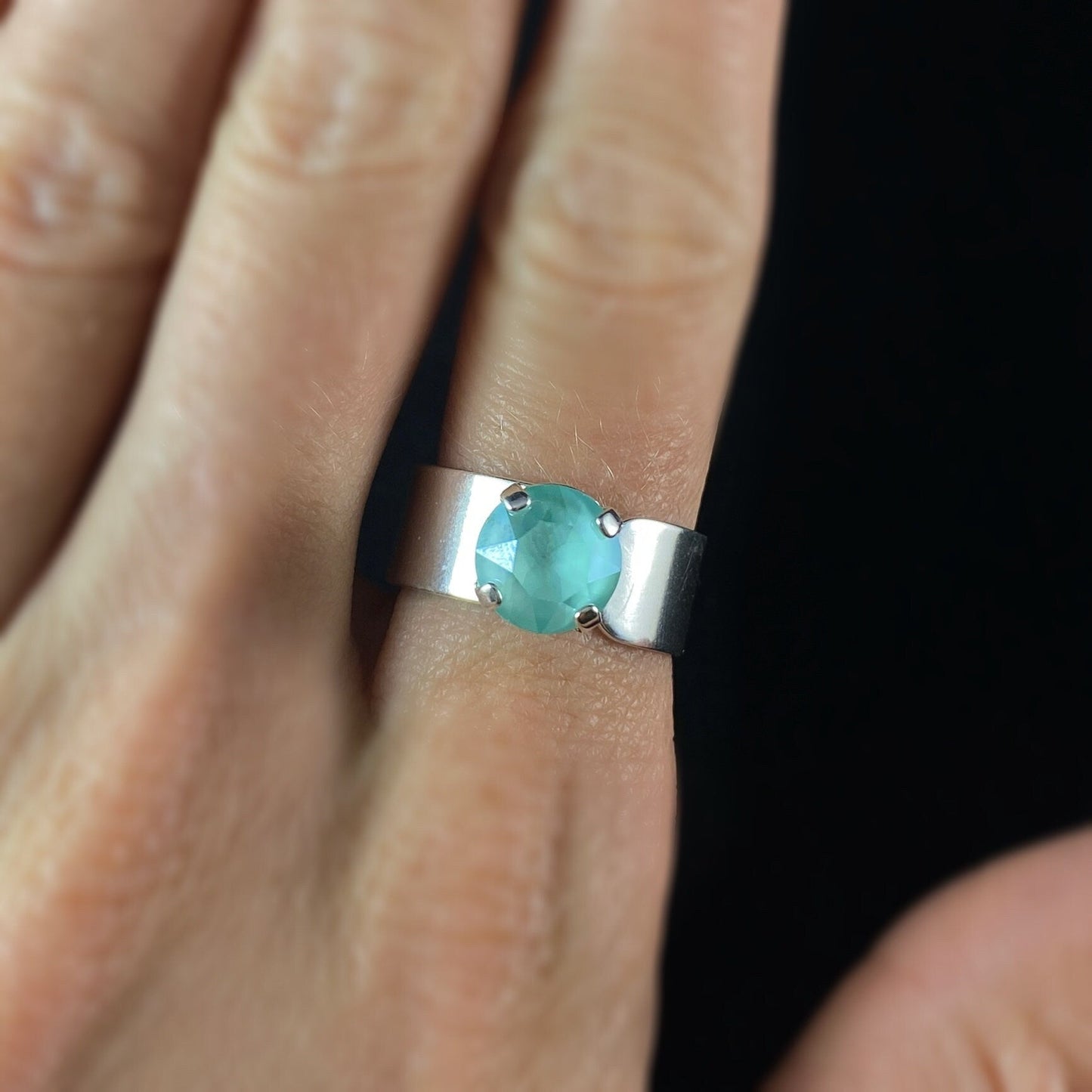 Wide Silver Ring, Sea Green Stone, Size 7 Adjustable - Handmade, Nickel Free - Ulla