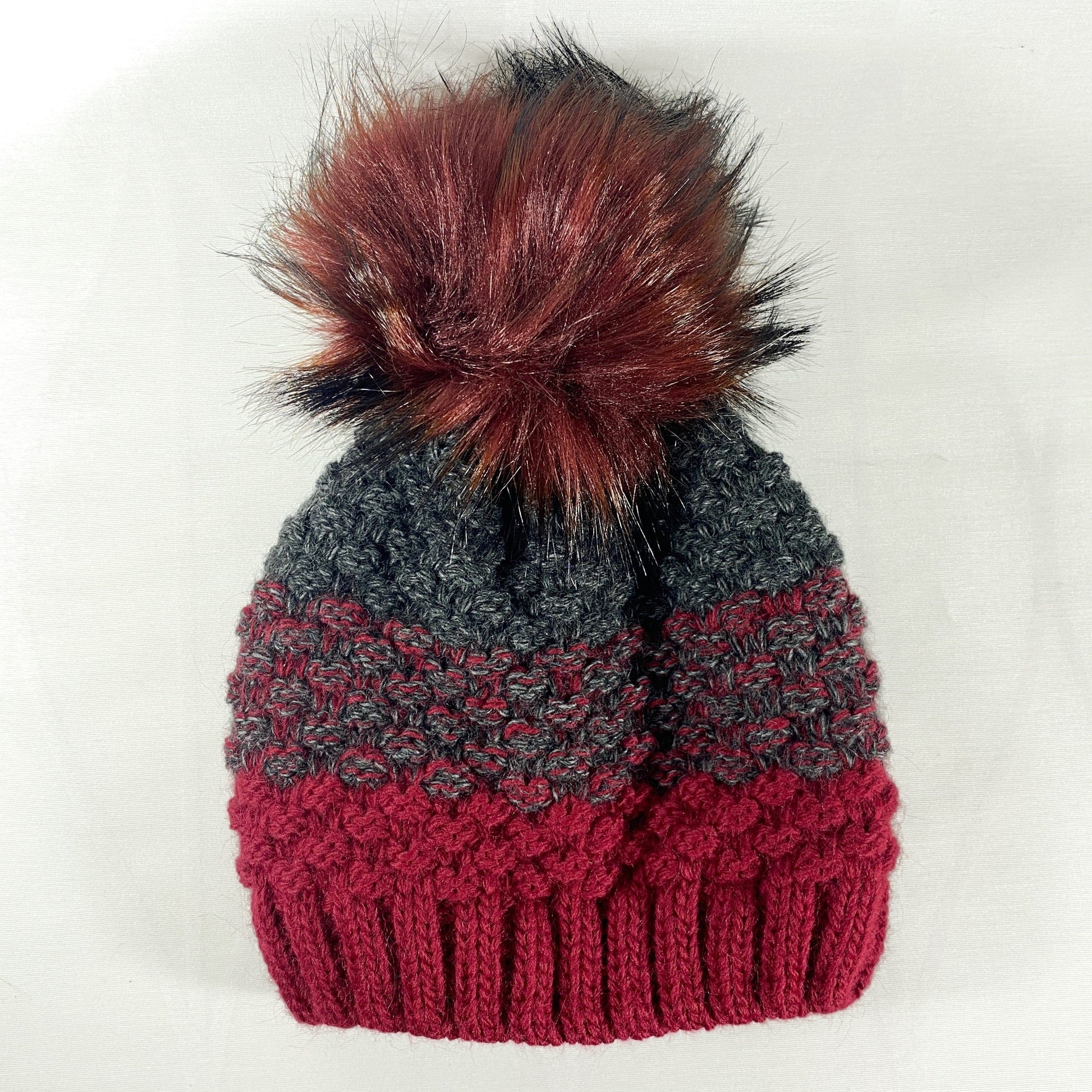 Wine Red Winter Beanie With Pompom - Made From Italian Wool, Acrylic Yarn, and Faux Fur
