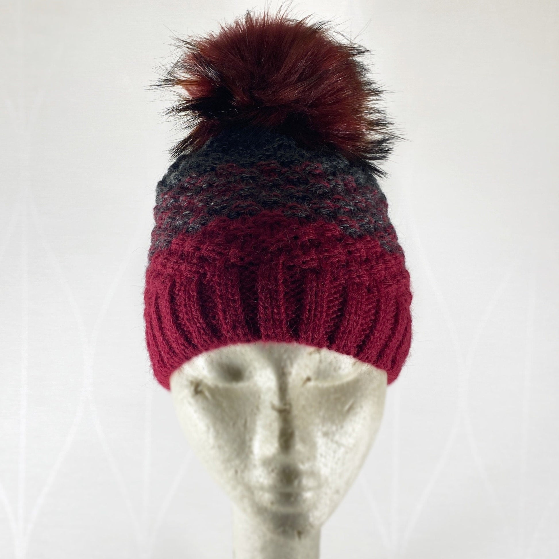 Wine Red Winter Beanie With Pompom - Made From Italian Wool, Acrylic Yarn, and Faux Fur