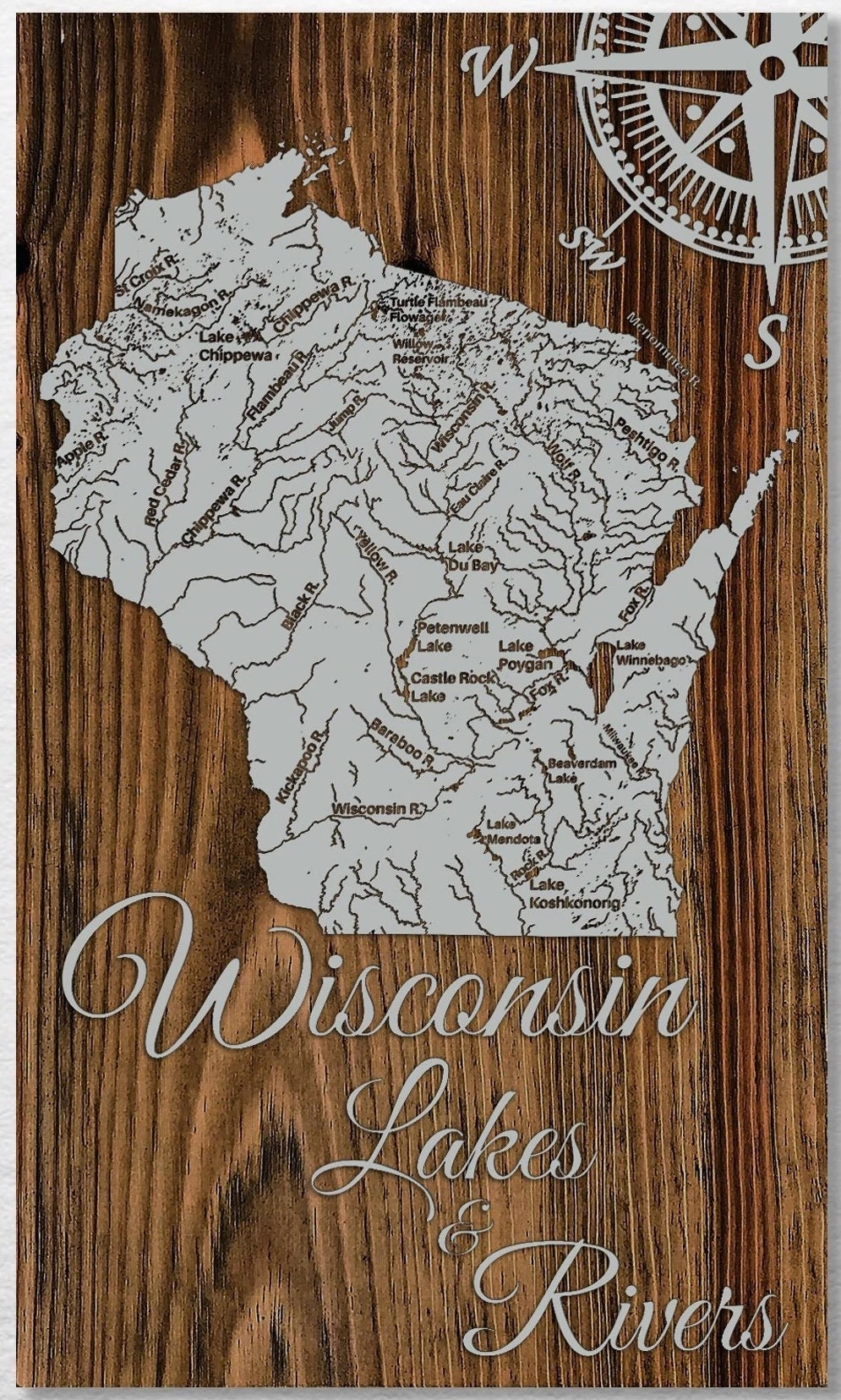 Wisconsin Lakes and Rivers Map Wall Art - Handmade in USA, Wood Maps