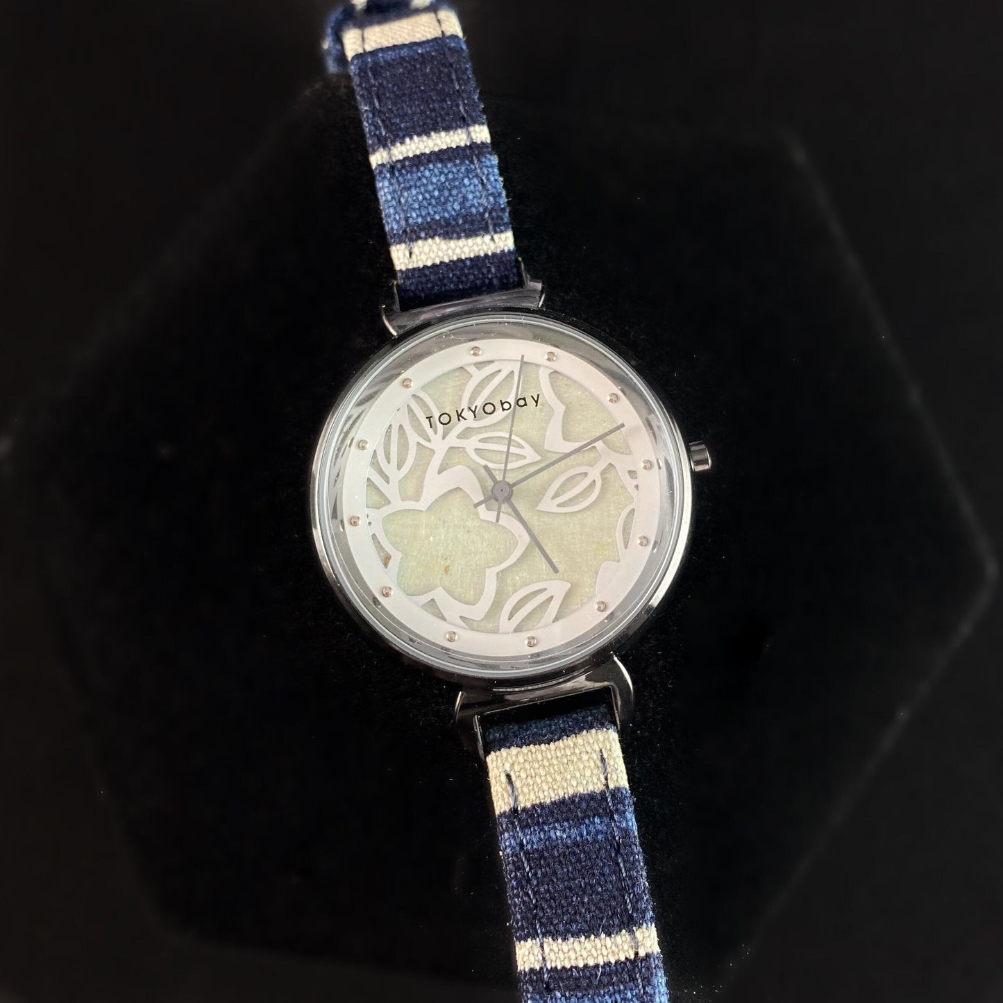Women’s Watch, Blue Striped Canvas Band, Floral Cutout Face - TOKYObay