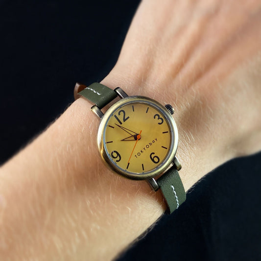Women’s Watch, Skinny Green Leather Band, Gold Case - TOKYObay