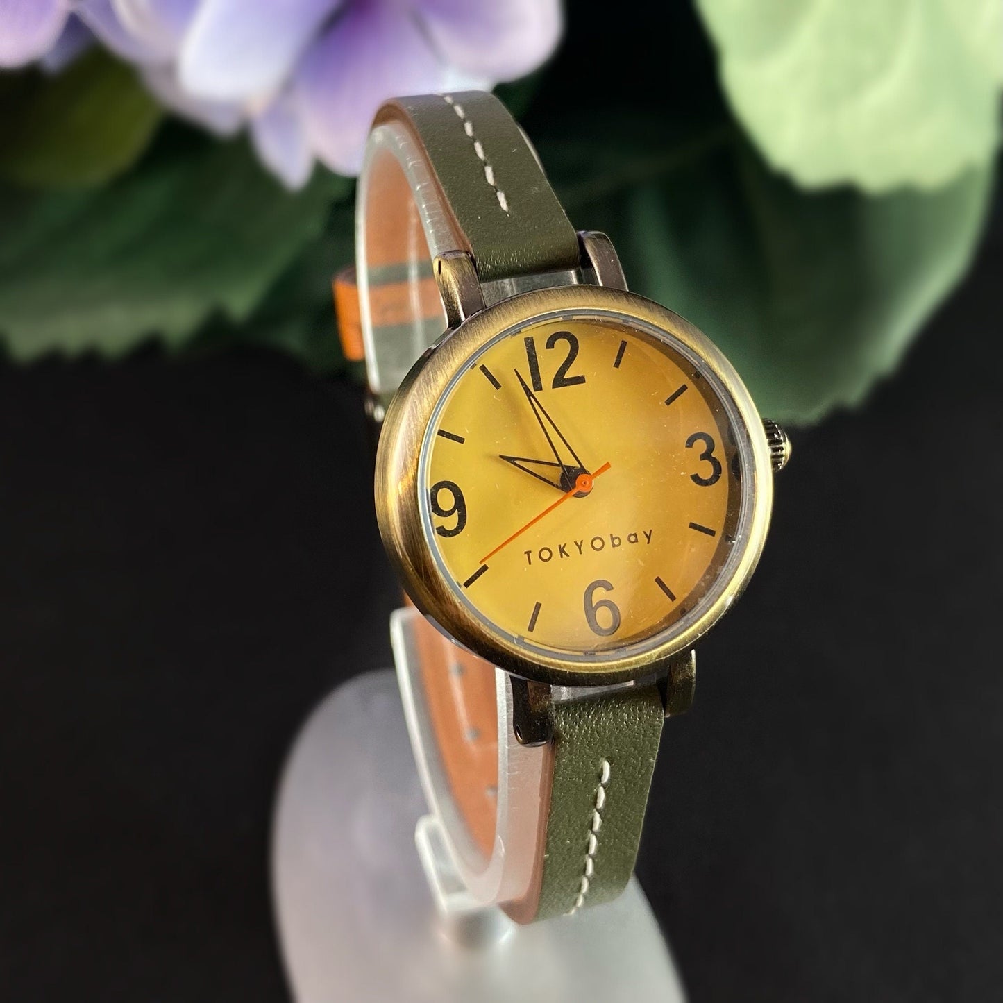 Women’s Watch, Skinny Green Leather Band, Gold Case - TOKYObay