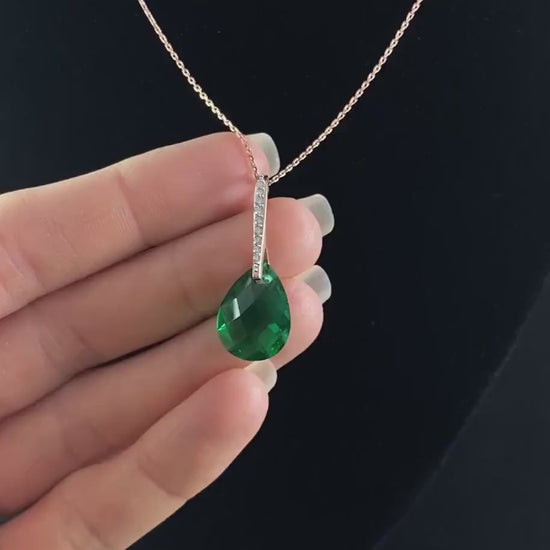Elegant Rose Gold Necklace with Emerald Green Teardrop Crystal - Genevive
