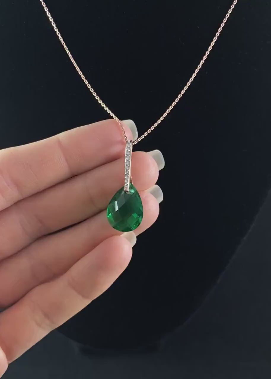 Elegant Rose Gold Necklace with Emerald Green Teardrop Crystal - Genevive