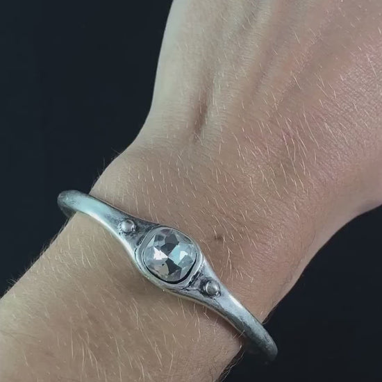 Silver Cuff Bracelet with Clear Crystal, Handmade, Nickel Free