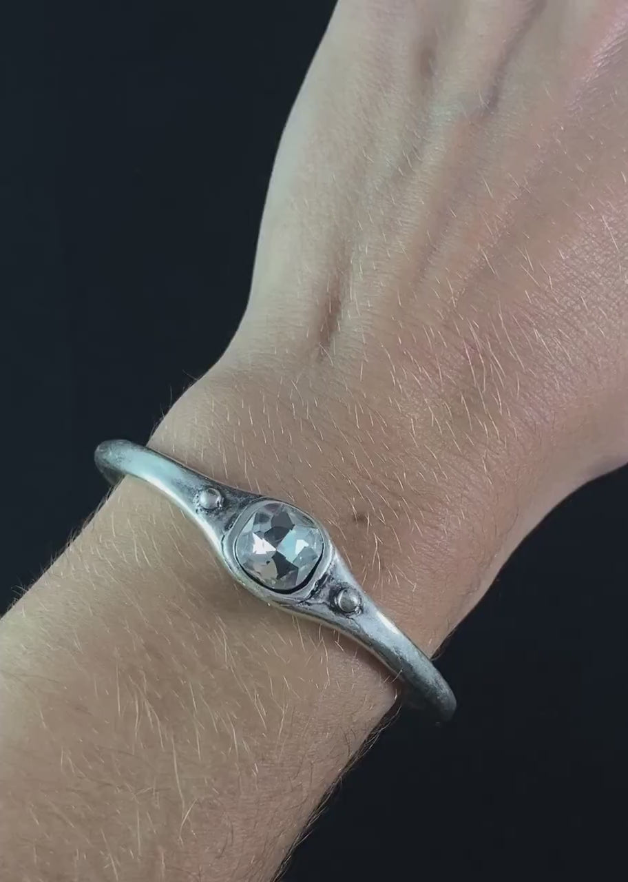 Silver Cuff Bracelet with Clear Crystal, Handmade, Nickel Free