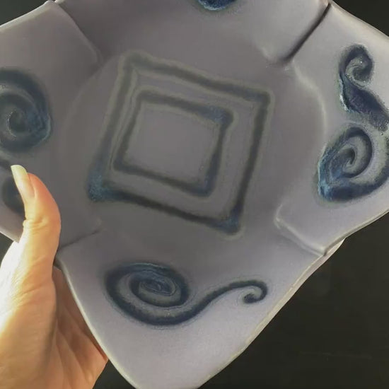 Handmade Purple and Blue Square Bowl with Serving Spoons, Functional and Decorative Pottery