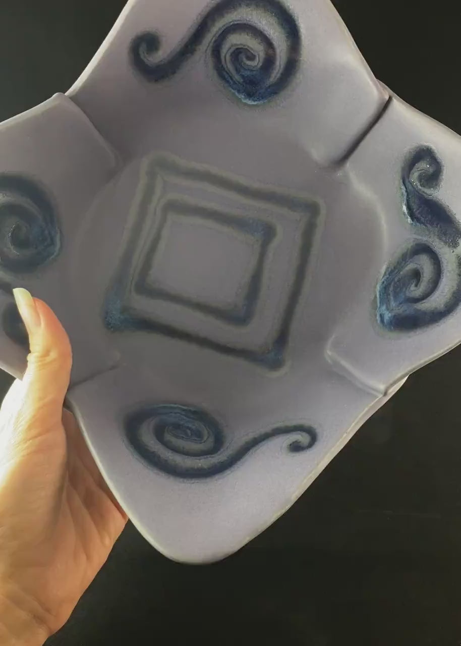 Handmade Purple and Blue Square Bowl with Serving Spoons, Functional and Decorative Pottery