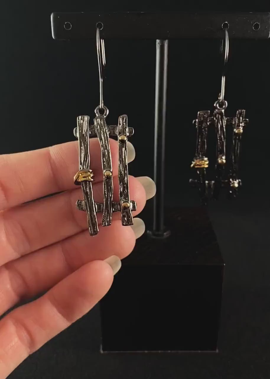 Dark Gunmetal Criss Cross Drop Earrings with Gold Accent, Handmade, Nickel Free - Elegant Minimalist Jewelry for Women