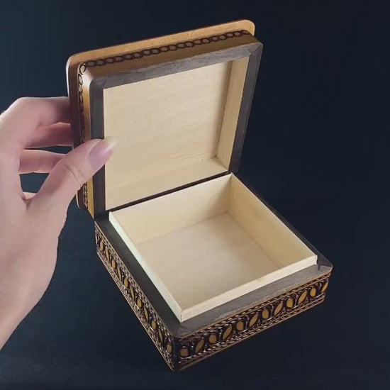 Lace Patterned Square Jewelry Box, Handmade Hinged Wooden Treasure Box