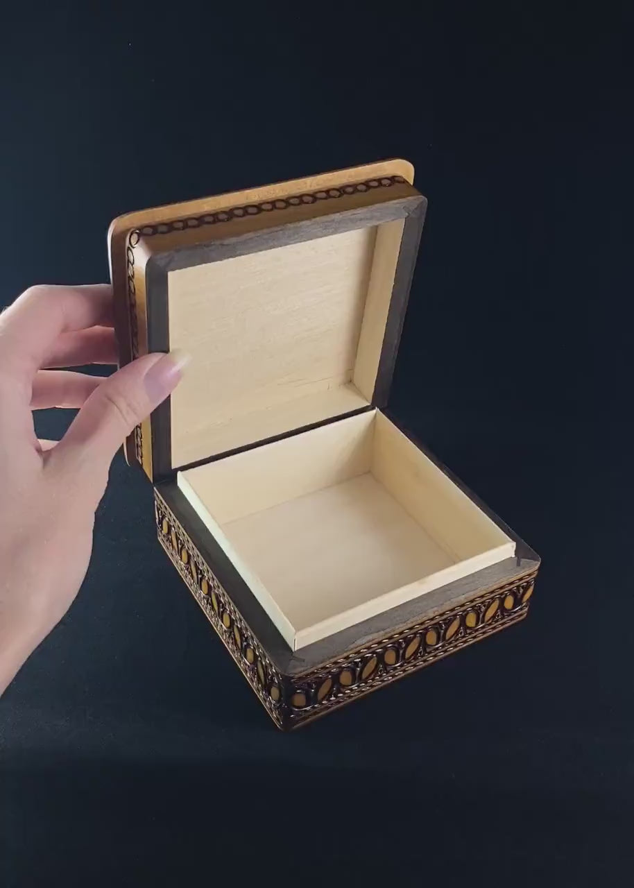 Lace Patterned Square Jewelry Box, Handmade Hinged Wooden Treasure Box