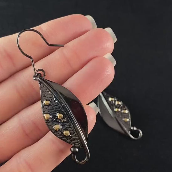 Dark Gunmetal Leaf Earrings with Gold Accent, Handmade, Nickel Free - Elegant Minimalist Jewelry for Women