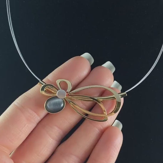 Lightweight Handmade Geometric Aluminum Necklace, Gray and Gold Ovals