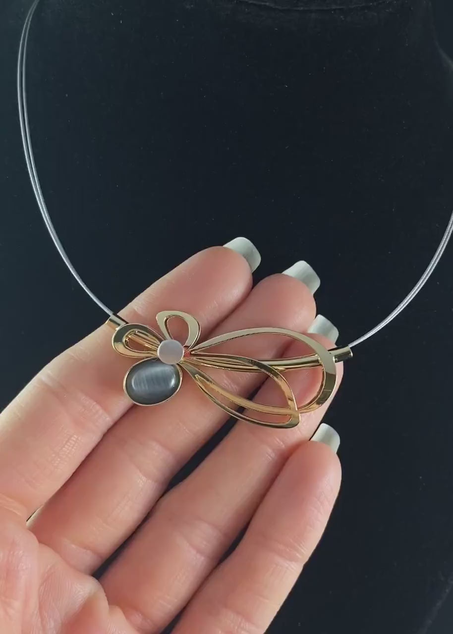 Lightweight Handmade Geometric Aluminum Necklace, Gray and Gold Ovals