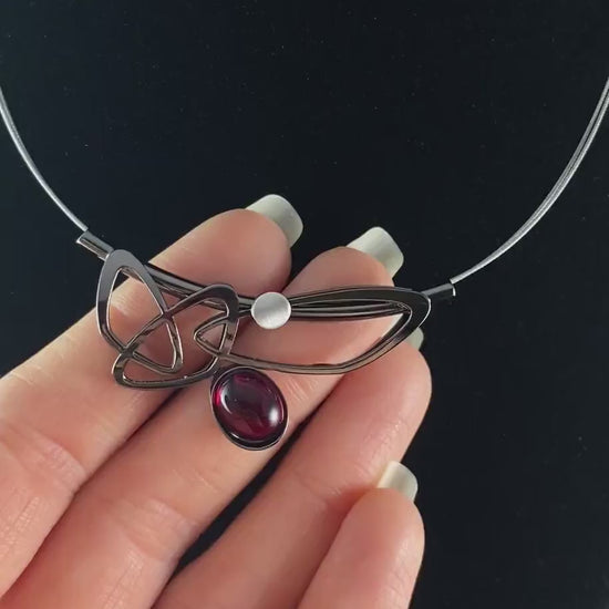 Lightweight Handmade Geometric Aluminum Necklace, Red and Gunmetal Ovals