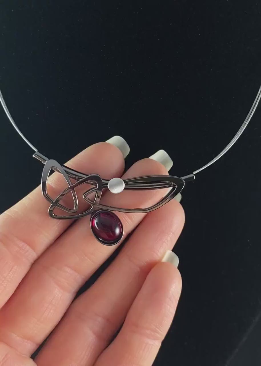 Lightweight Handmade Geometric Aluminum Necklace, Red and Gunmetal Ovals