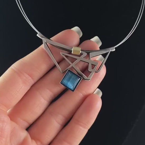 Lightweight Handmade Geometric Aluminum Necklace, Blue and Silver Triangles