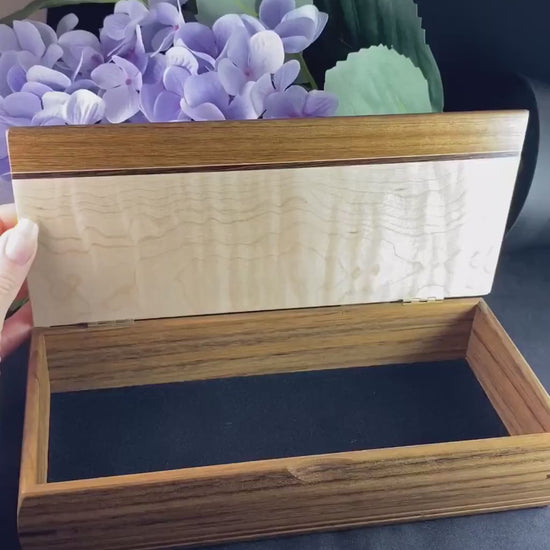 Large Handmade Wooden Treasure Box with Cherry, Curly Maple, and Wenge, Made in USA
