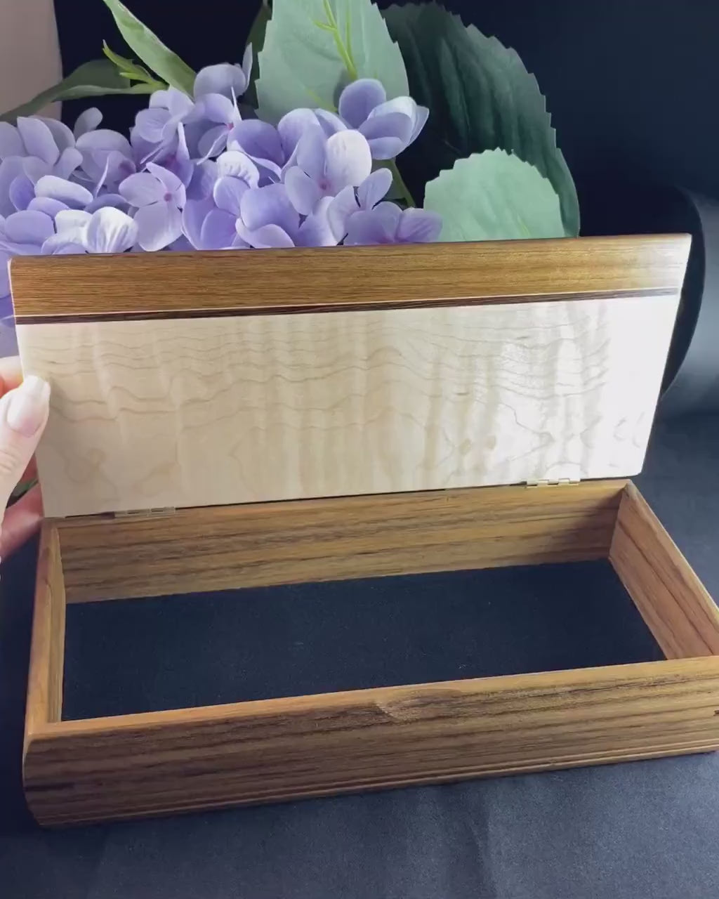Large Handmade Wooden Treasure Box with Cherry, Curly Maple, and Wenge, Made in USA