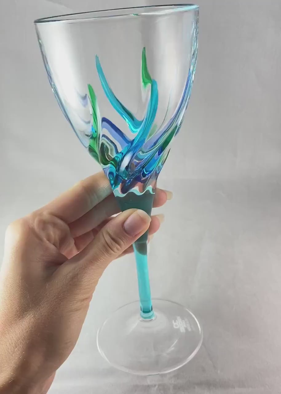 Aqua Blue Stem Venetian Glass Trix SD Wine Glass - Handmade in Italy, Colorful Murano Glass