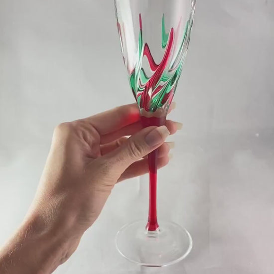 Red Stem Trix Holiday Venetian Glass Champagne Flute  - Handmade in Italy, Colorful Murano Glass