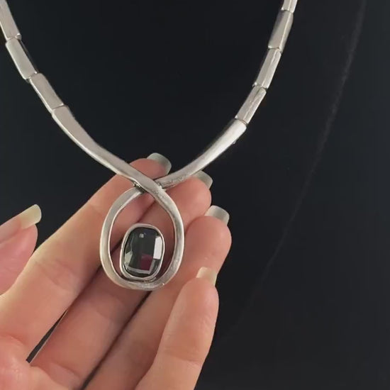 Silver Beaded Necklace with Large Crystal Pendant, Handmade, Nickel Free