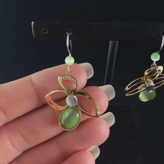 Lightweight Handmade Geometric Aluminum Earrings, Gold and Green Bouquet