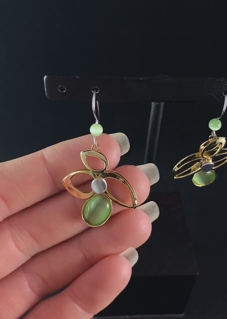 Lightweight Handmade Geometric Aluminum Earrings, Gold and Green Bouquet