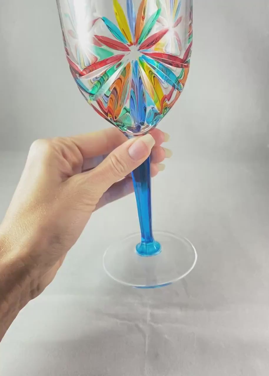 Aqua Stem Venetian Glass Oasis Wine Glass - Handmade in Italy, Colorful Murano Glass