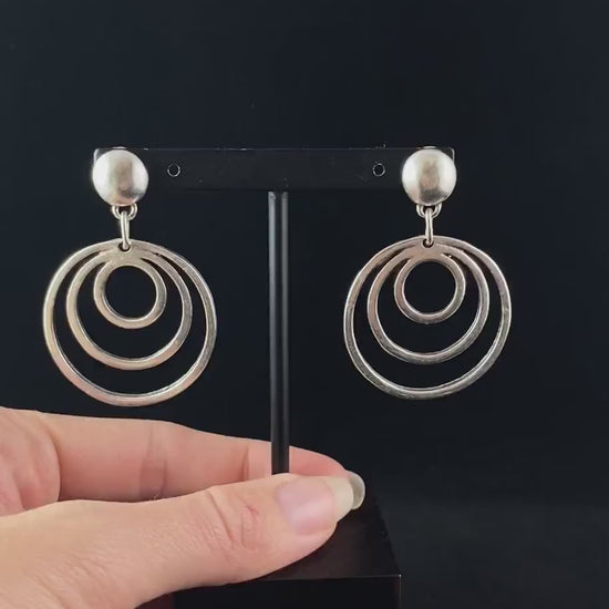 Silver Triple Circle Drop Earrings, Handmade, Nickel Free - Elegant Minimalist Jewelry for Women