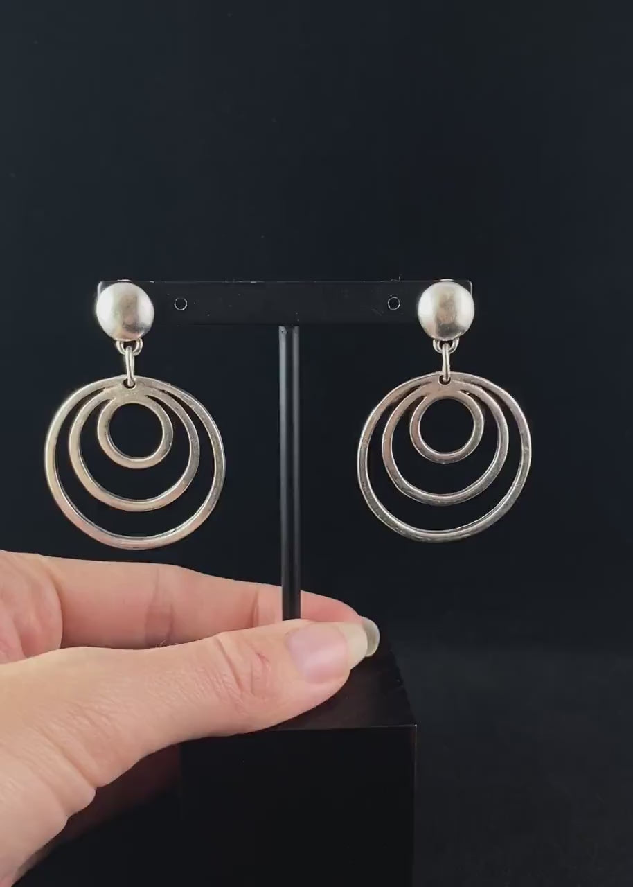 Silver Triple Circle Drop Earrings, Handmade, Nickel Free - Elegant Minimalist Jewelry for Women