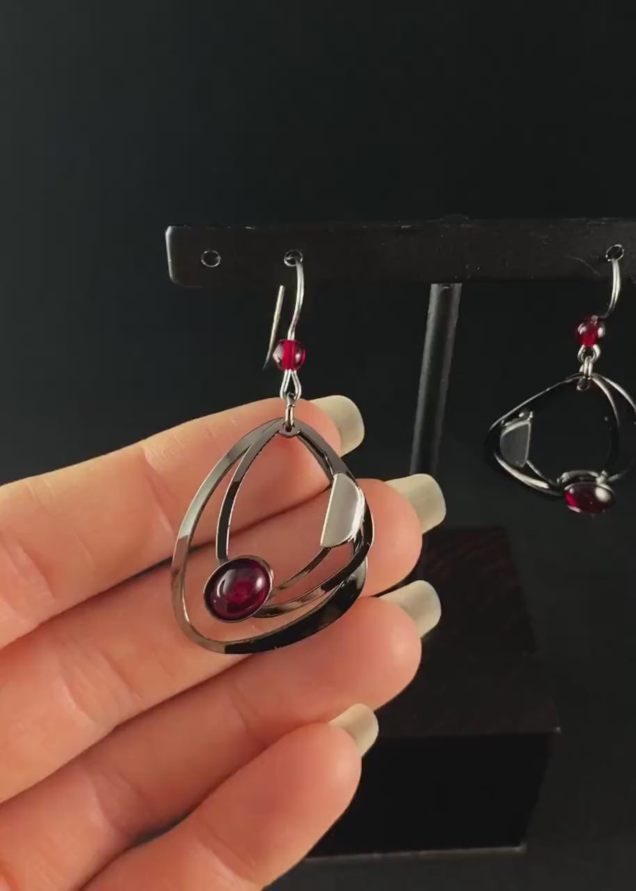 Lightweight Handmade Geometric Aluminum Earrings, Gunmetal and Red Abstract Ovals