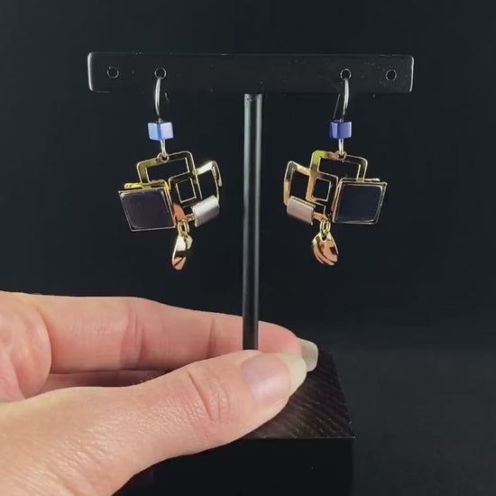 Lightweight Handmade Geometric Aluminum Earrings, Gold and Blue Squares