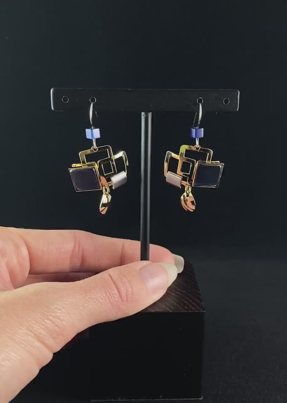 Lightweight Handmade Geometric Aluminum Earrings, Gold and Blue Squares