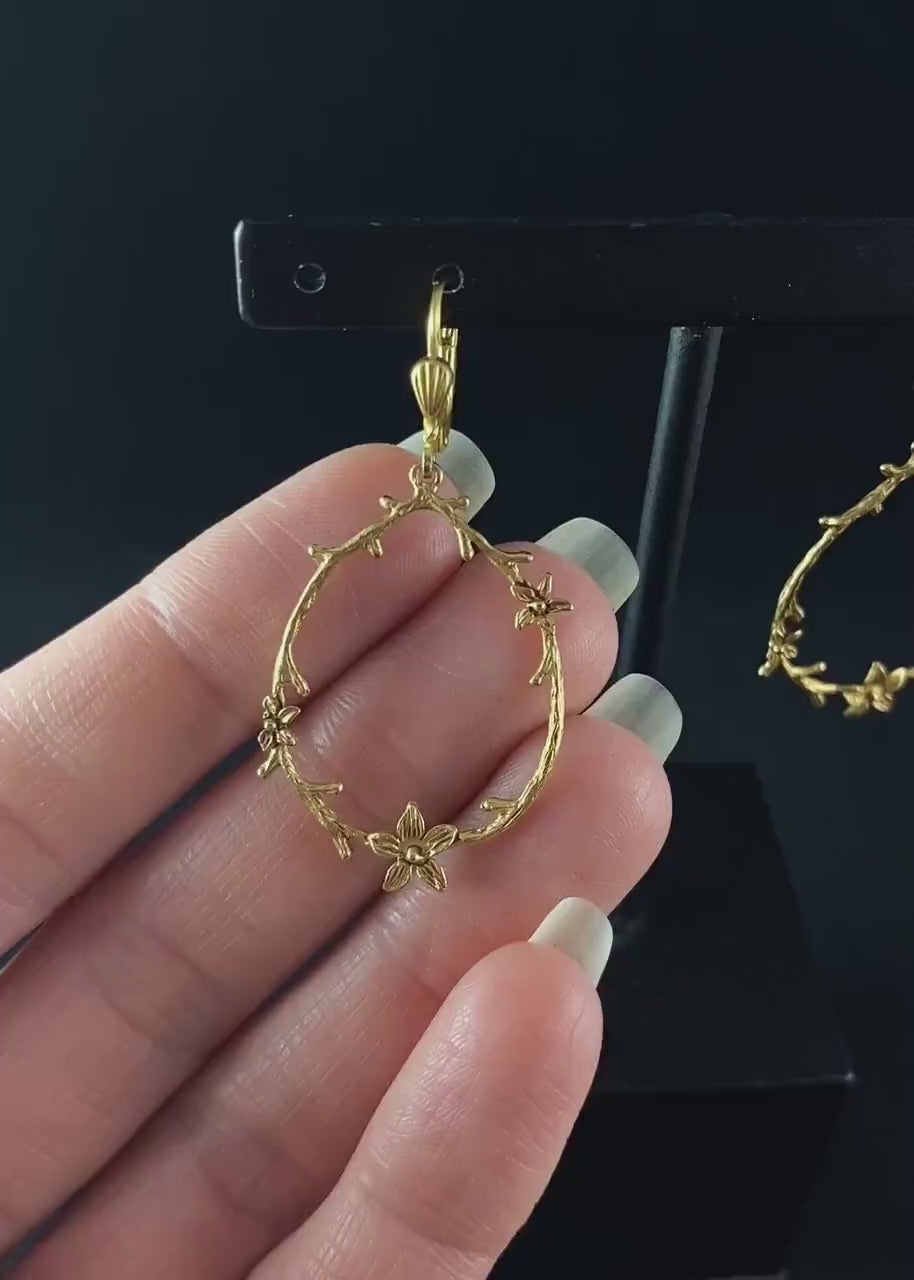 Delicate Gold Floral Branch Hoop Earrings - La Vie Parisienne by Catherine Popesco