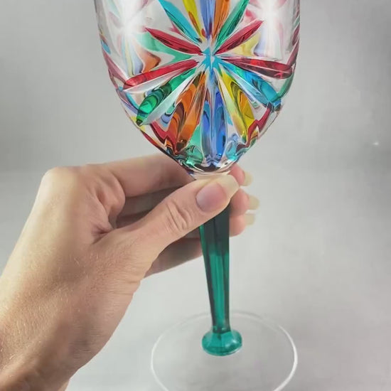 Green Stem Venetian Glass Oasis Wine Glass - Handmade in Italy, Colorful Murano Glass