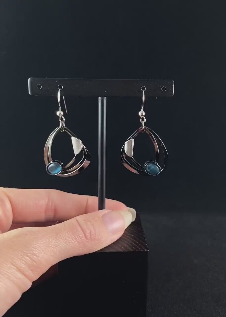 Lightweight Handmade Geometric Aluminum Earrings, Gunmetal and Blue Shapes