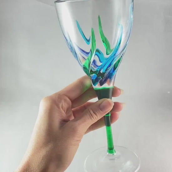 Green Stem Venetian Glass Trix SD Wine Glass - Handmade in Italy, Colorful Murano Glass