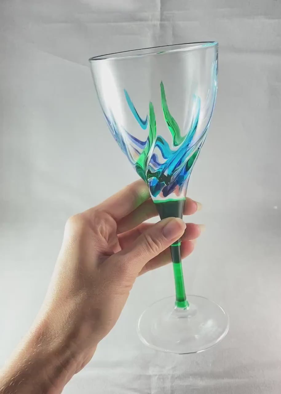 Green Stem Venetian Glass Trix SD Wine Glass - Handmade in Italy, Colorful Murano Glass