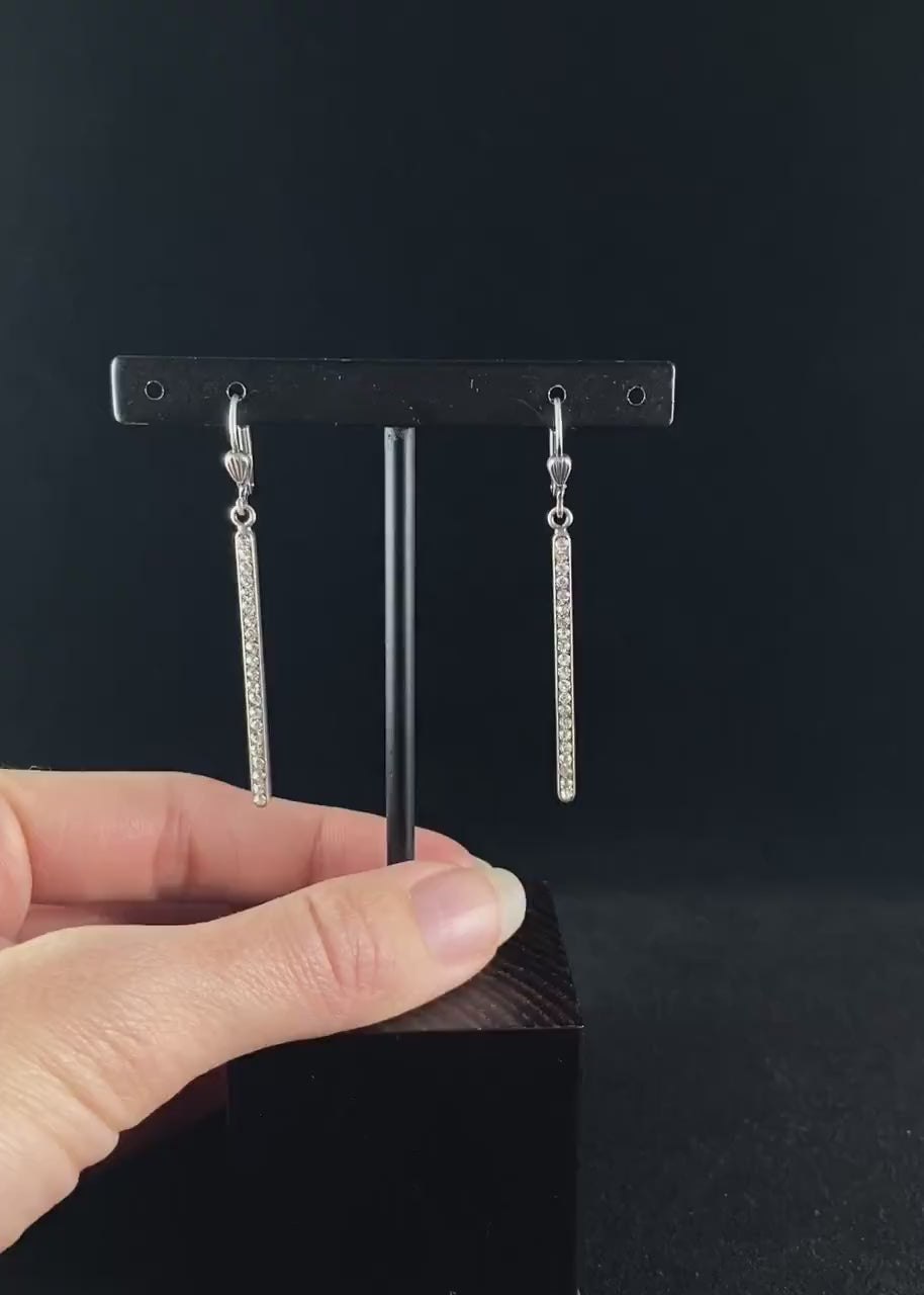 Vertical Bar Earrings with Clear Swarovski Crystals - La Vie Parisienne by Catherine Popesco